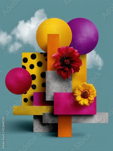 Colorful Abstract Geometric Composition with Flowers and Textured Shapes on Pastel Background