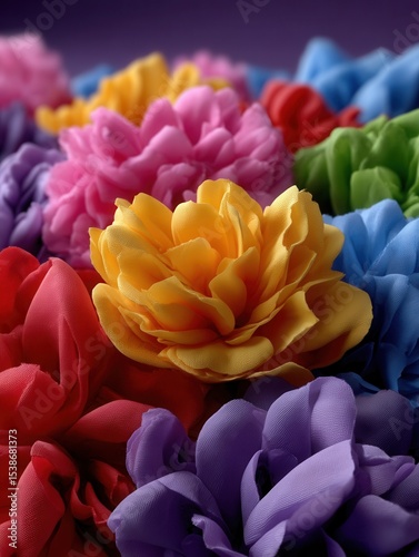 Close-up of colorful artificial fabric flowers in various vibrant shades and textures