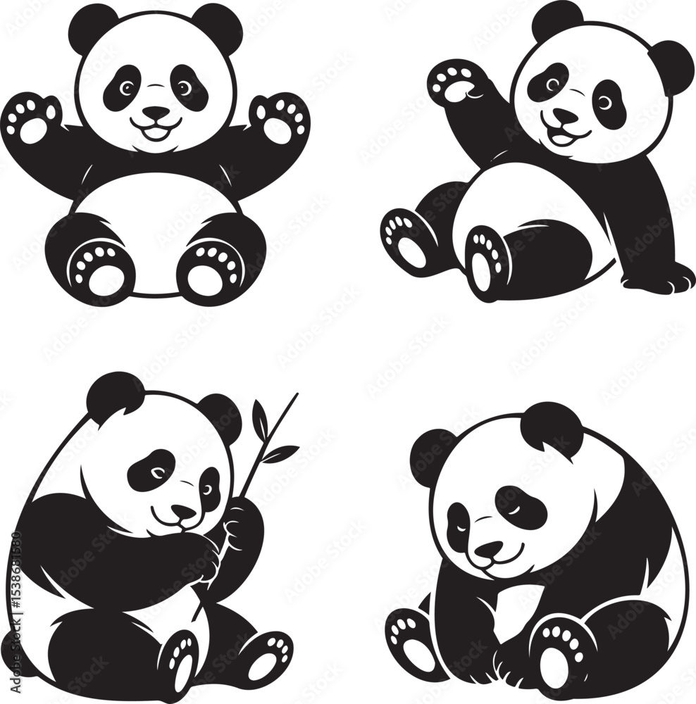 Naklejka premium Panda silhouette set vector illustration isolated On Transparent Background