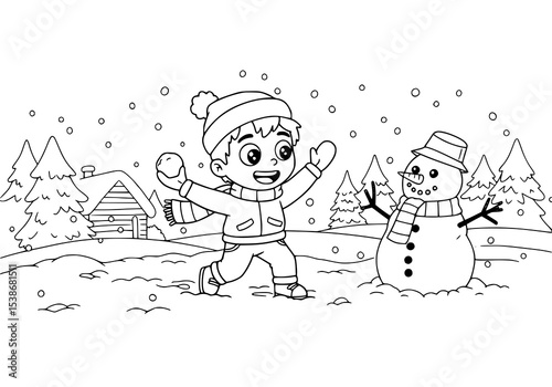 Cartoon children playing in the snow with a snowman, having fun during the winter holiday season. coloring book