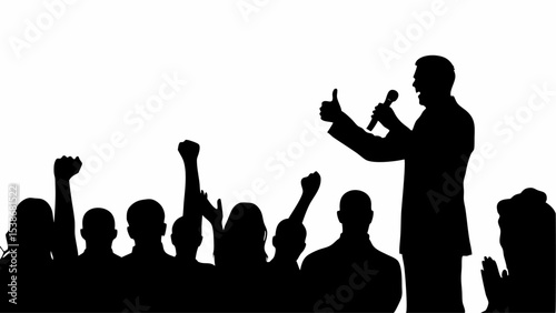 Silhouette of a speaker giving a speech to a crowd with raised hands and clapping hands in black and white | eps vectors