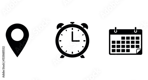 Time management and planning concept with clock, calendar, and location icon vector illustration