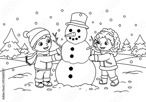 Cartoon children playing in the snow with a snowman, having fun during the winter holiday season. coloring book