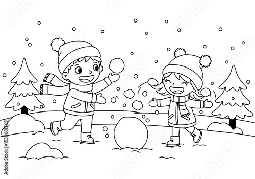 Cartoon children playing in the snow with a snowman, having fun during the winter holiday season. coloring book