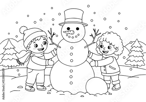 Cartoon children playing in the snow with a snowman, having fun during the winter holiday season. coloring book