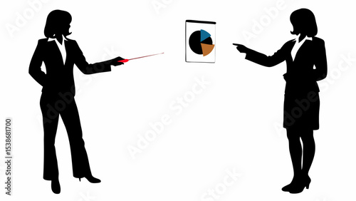 Two businesswomen presenting a pie chart with a pointer in a silhouette style against a white background | eps vectors
