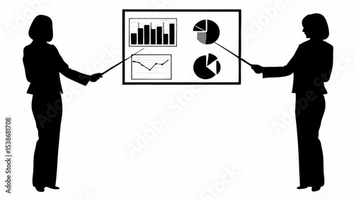 Two businesswomen presenting charts and graphs with pointers in a business meeting setting shown here | eps vectors silhouette