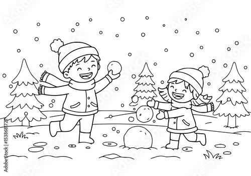 Cartoon children playing in the snow with a snowman, having fun during the winter holiday season. coloring book