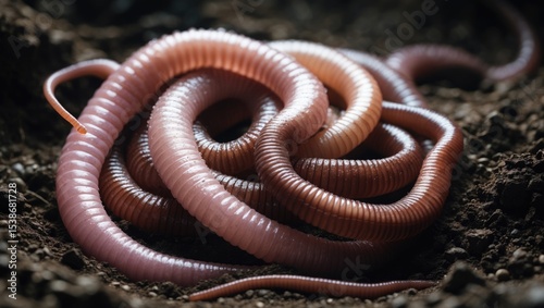 Earthworms in black soil of greenhouse. Macro Brandling, panfish, trout, tiger, red wiggler, Eisenia fetida. Garden compost and worms recycling plant waste into rich soil improver and fertilizer.