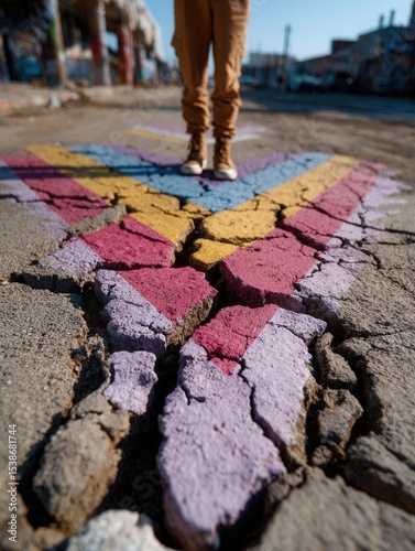 Cracked urban street chalk art with colorful geometric pattern and person standing nearby