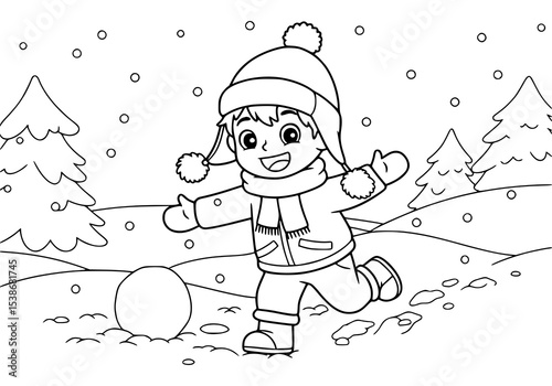 Cartoon children playing in the snow with a snowman, having fun during the winter holiday season. coloring book