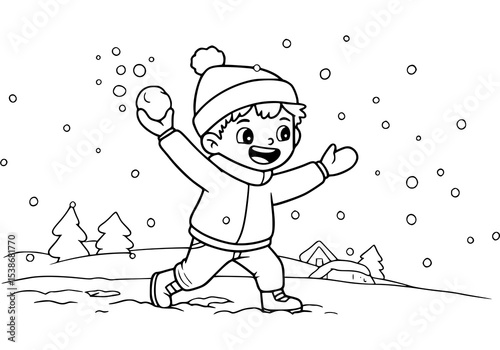 Cartoon children playing in the snow with a snowman, having fun during the winter holiday season. coloring book