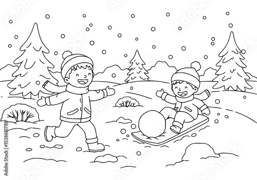 Cartoon children playing in the snow with a snowman, having fun during the winter holiday season. coloring book
