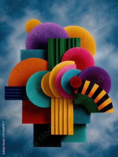 Abstract Geometric Sculpture with Vibrant Colors and Textured Shapes Against a Sky Background