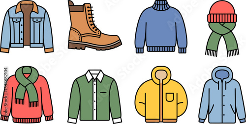 Illustration of clothing items including jacket boot sweater scarf shirt and coat for fashion needs editable stock vector illustration
