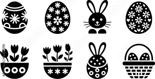 Vector easter bunny eggs flowers basket clip art silhouette spring holiday decoration design elements set editable stock vector illustration