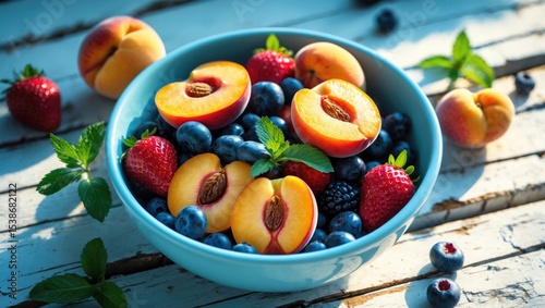 Summer whole grain tasty breakfast bowl with a lot of fruit and berries, featuring granola breakfast with fruit and berry, and a milk jug on a white wooden table.