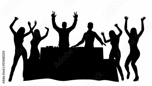 Silhouette of dj performing with dancing crowd raising hands at night club in black and white style image | eps vectors