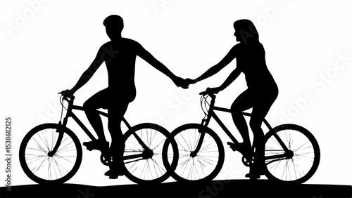 Silhouette of a couple holding hands while riding bicycles on a white background in monochrome style | eps vectors