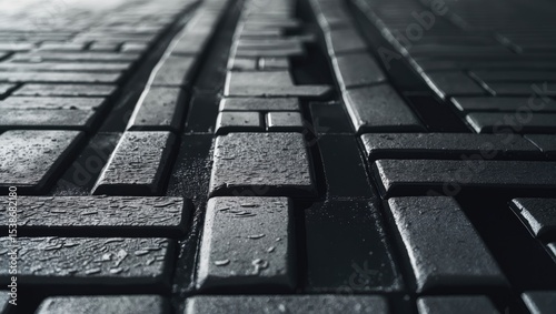 Empty flagstones sidewalk in perspective within a city park, featuring clinker paving stones as background, highlighting texture and selective focus during summer season under a cloudy sky.