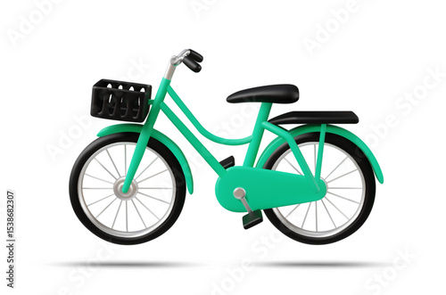 3D illustration vector render of green bicycle icon with reflection below, isolated on white background. Eco-friendly travel, mobility and everyday transportation concept.