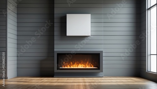 Wallpaper Mural The fireplace is mounted on a wall with a gray background, featuring a black fireplace with a white mantle. Torontodigital.ca