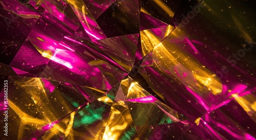 Abstract geometric composition of colorful, reflective, and iridescent crystalline shapes