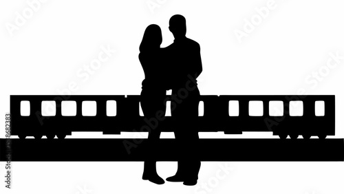 Silhouette of a couple embracing in front of a train on the tracks against a white background scene | eps vectors