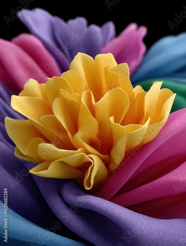 Close-up of colorful artificial silk flowers arranged in layers for decorative or floral design
