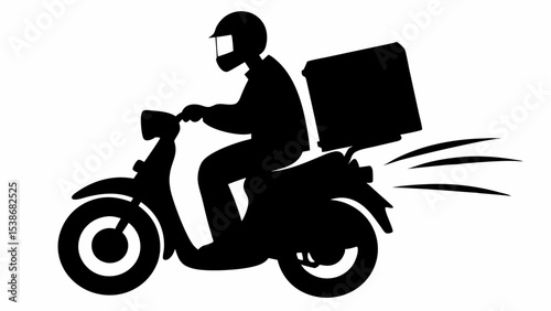 Silhouette of a delivery person on a scooter with a box attached and speed lines indicating movement fast | eps vectors