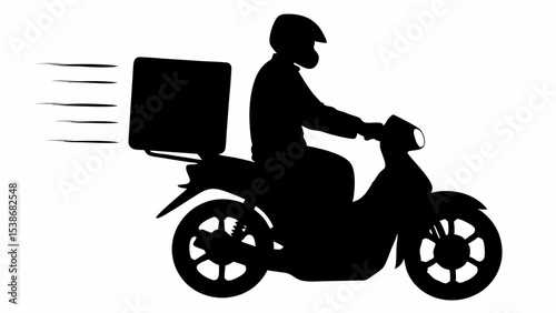 Silhouette of delivery driver on scooter with box and speed lines against white background design is here | eps vectors