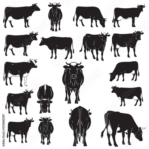 Nine Black Silhouette Drawings of Dairy Cattle Perfect for Farming Posters, Ranch Signs, and Milk Industry Graphics