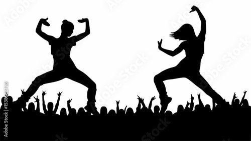 Silhouette illustration of two female dancers performing in front of an enthusiastic crowd of people | eps vectors