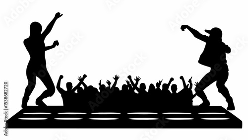 Silhouette of performers on stage with crowd cheering and raising hands with excitement and energy | eps vectors