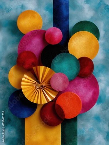 Bright colorful felt balls with paper fan decoration on vibrant textured background