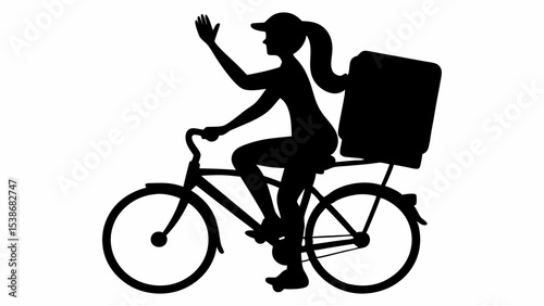 Silhouette of a woman riding a bicycle with a delivery box waving her hand in a black and white image | eps vectors