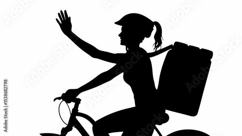 Silhouette of delivery woman on bicycle waving with delivery box on back against white background view | eps vectors