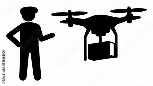 Silhouette of a person standing next to a drone carrying a package in black and white illustration | eps vectors
