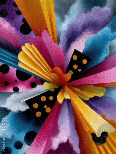 Colorful Paper Fan with Bright Artistic Patterns and Abstract Cloud Design