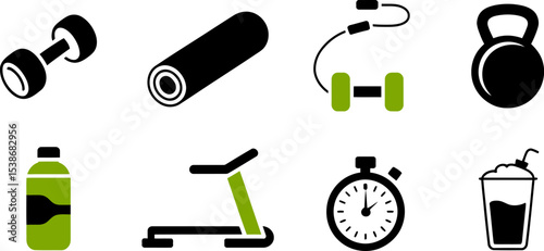 Fitness gym workout equipment vector icons set dumbbell mat kettlebell treadmill stopwatch smoothie bottle editable stock vector illustration