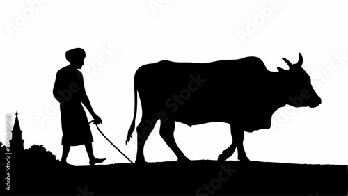 Silhouette of a farmer with a turban and a bull in a field with a building in the background scene | eps vectors