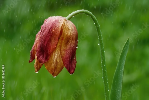 A weathered tulip gradually losing its petals amidst gentle rain in a garden setting. Showcasing natural imperfections and the beauty of aging without any editing.