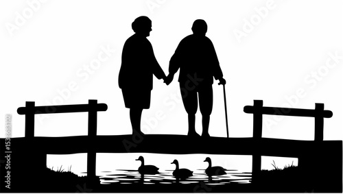 Silhouette of an elderly couple holding hands on a bridge with geese swimming below the bridge scene view | eps vectors