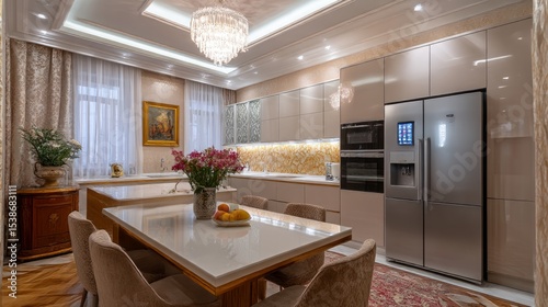 Modern kitchen interior featuring elegant design elements, a spacious dining table with fruits, stylish cabinetry, and bright natural light creating a warm and inviting atmosphere