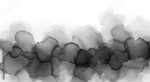 Abstract grayscale ink wash painting with flowing, organic shapes and white background