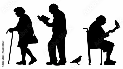 Silhouettes of elderly people with canes reading and interacting with birds in a monochrome scene | eps vectors