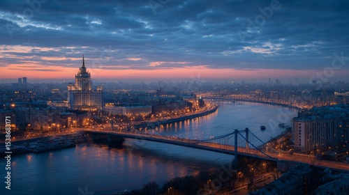 Cityscape at dusk featuring illuminated buildings along a river, with a bridge connecting both sides, showcasing urban life and vibrant evening atmosphere