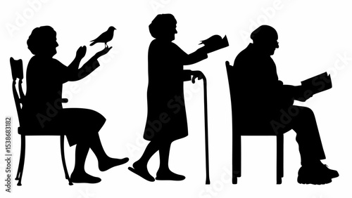 Silhouettes of elderly people reading, walking with a cane, and interacting with a bird on a chair | eps vectors