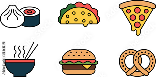 Food icons set vector illustration dumpling sushi taco pizza ramen burger pretzel cuisine delicious 100 editable stock vector illustration