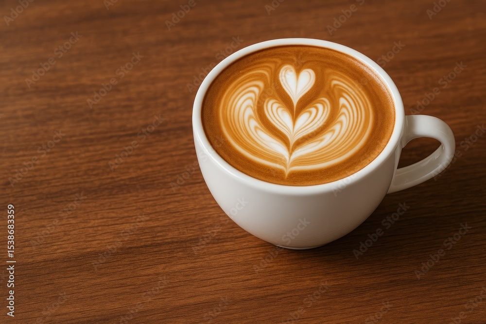Aromatic coffee served in a white mug featuring intricate latte art against a rustic wooden surface with room for text Aromatic coffee served in a white mug featuring intricate latte art against a rustic wooden surface with room for text
